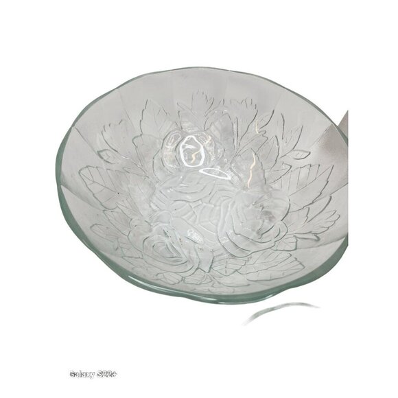 Vintage Glass Rose Pattern Chip and Dip Bowl Set Rose Embossed 9” Serving Bowl - Picture 10 of 11
